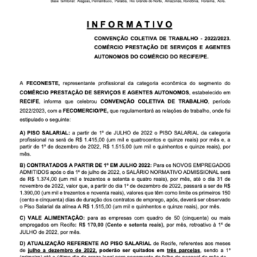 Informativo CCT 2022/2023 Prestação de Serviços e agentes autônomos do Comércio do Recife